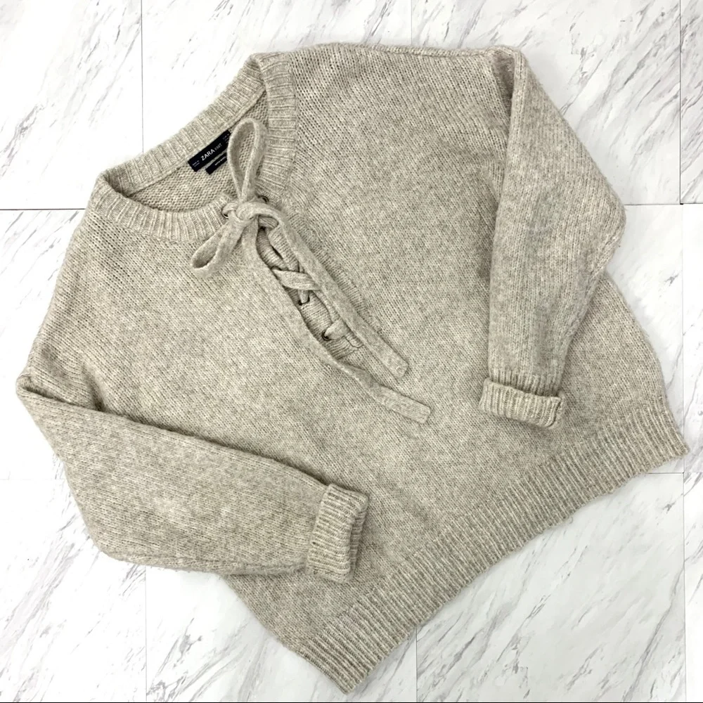 Zara- Oatmeal Lace Up Wool Blend Sweater Med - Picture 7 of 10
